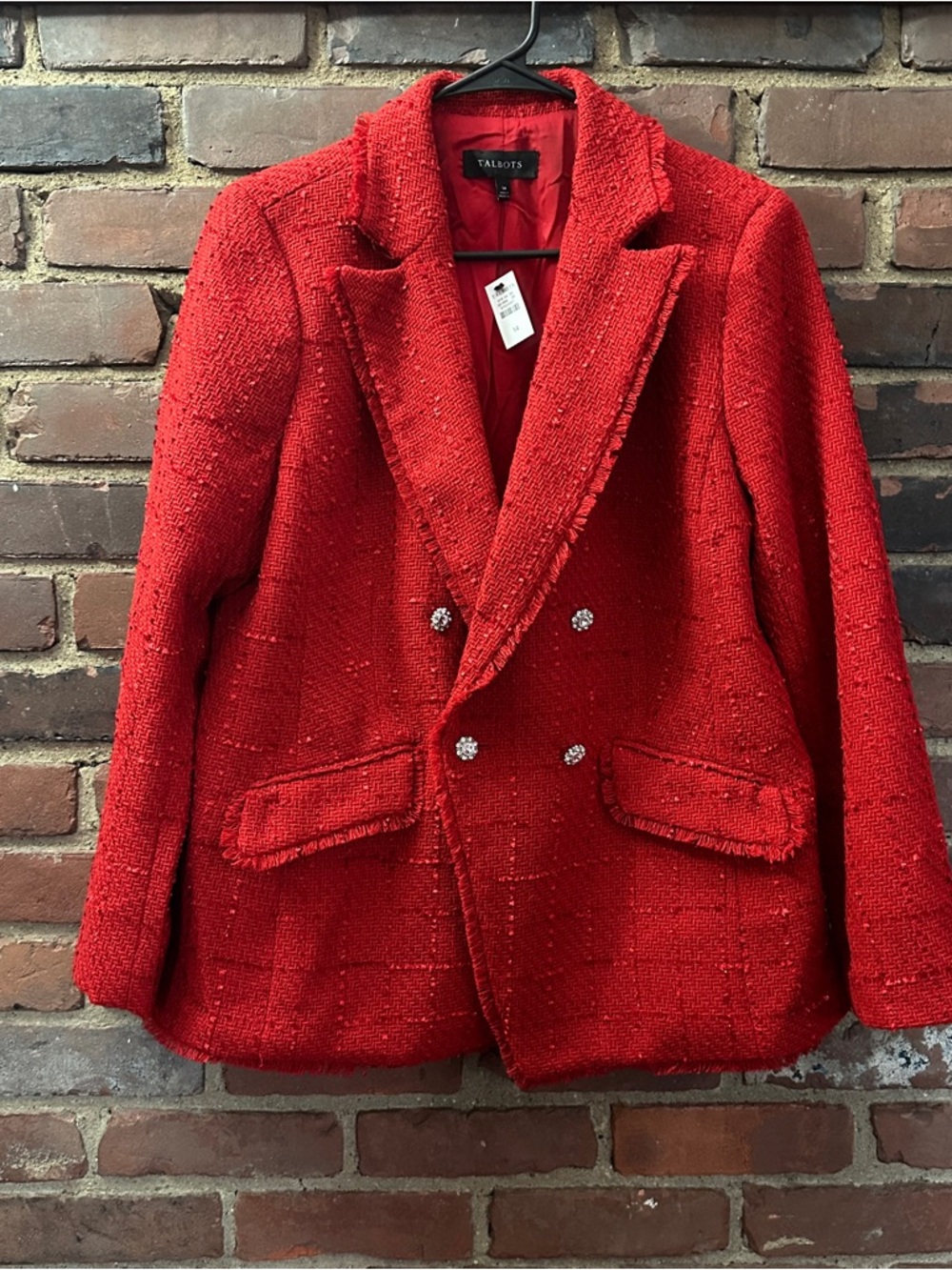 TALBOTS Red Metallic Fringe Tweed Double Breasted Blazer Sz 14 -40 Chest / 26”L
